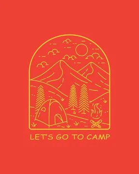 Let's go to camp in mono line art for T-shirt, Badge and etc Stock Illustration