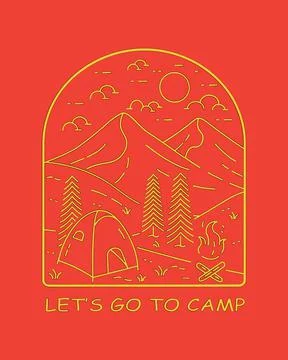 Let's go to camp  in mono line art vector Stock Illustration