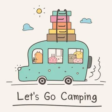 Let's Go Camping Concept. Hand Drawn Cute Animal On Van Vector Illustration. Stock Illustration