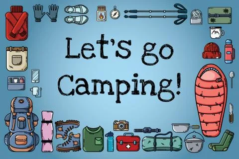 Let's go camping poster. Set of flat style icons arranged on a banner. Hiking Stock Illustration