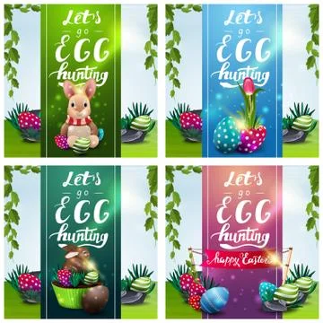 Let's go egg hunting, set posters with Easter icons Stock Illustration
