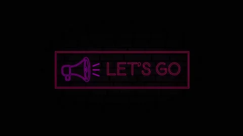 Let's go neon sign in a frame with a megaphone on a black background. Animation Stock Footage 164336603