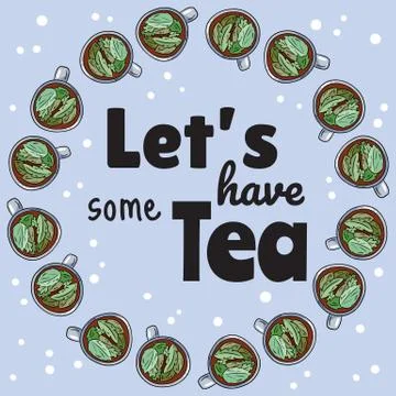 Let's have some tea banner with cups of herbal tea. Hand drawn cartoon style Stock Illustration
