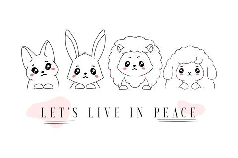 Lets live in peace with cute cartoon animals. Hare and anime sheep ask for calm Stock Illustration