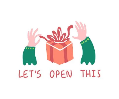 Let's open this present. Two hands open the gift. A simple illustration for a Stock Illustration