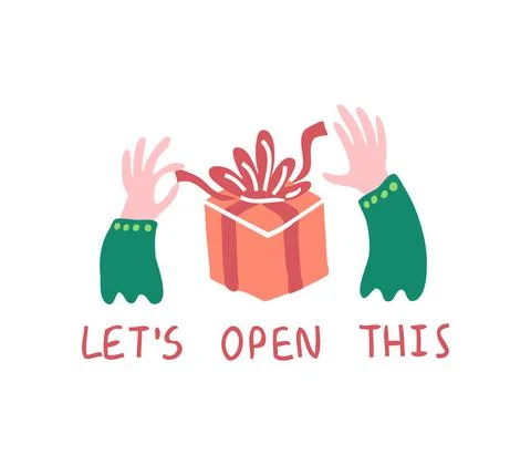 Lets open this present. Two hands open the gift. A simple illustration for a Stock Illustration