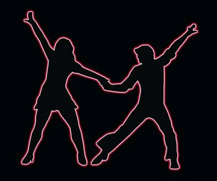 Lets party dancing 70s neon outline couple Stock Illustration