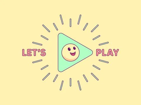 Lets play, cartoon composition with play sign surrounded rays, cheerful emoji Stock Illustration