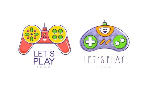 Lets Play Logo Collection, Video Computer Games Labels Outline Vector Illustrazione stock