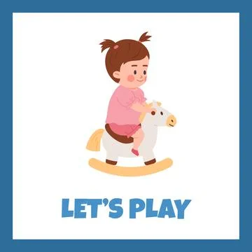 Lets play poster or card with child rocking on toy horse, vector illustration. Illustrazione stock