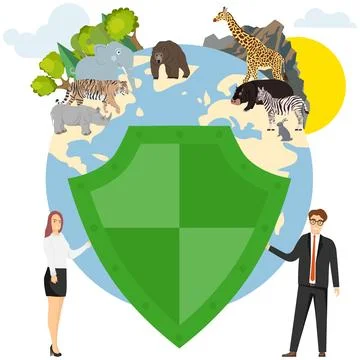 Let's protect the earth. A man and a woman are holding a shield protecting Ilustração Stock