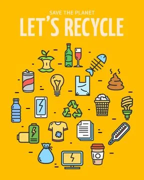 Lets Recycle Sign Round Design Template Color Thin Line Icon Banner. Vector Stock Illustration