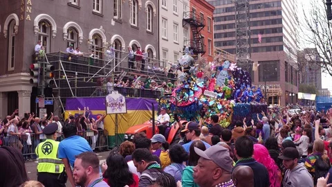 Let's Rock-N-Bowl float in Mid City Parade 2018 4k Stock Footage 86338092