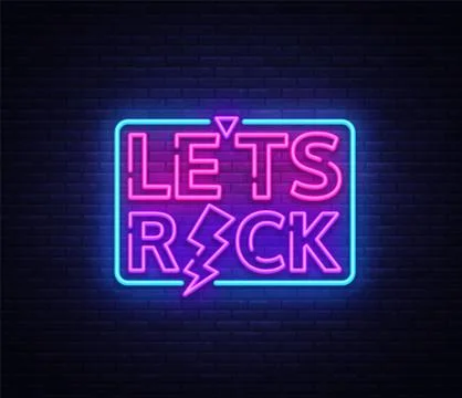 Lets Rock Vector Neon. Rock Music Neon Sign, Bright Night Sign, Light Banner Stock Illustration