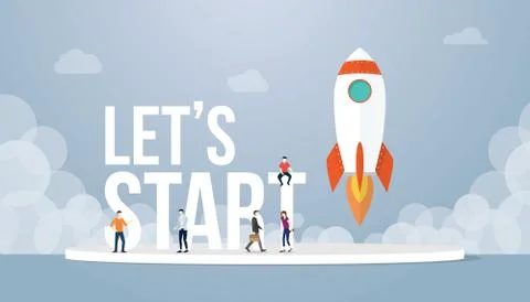 Lets start big words concept with team people and rocket startup launch busin Stock Illustration