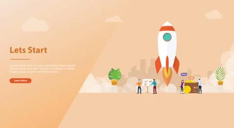 Lets start big words concept with team people and rocket startup launch busin Stock Illustration