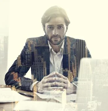 Lets talk business. Multiple exposure portrait of a businessman in his office Stock Photos