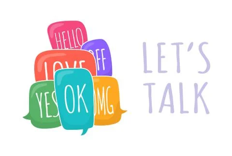 Let's talk Set of colorful different speech bubble in doodle style with text  イラスト素材