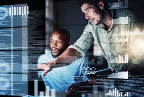 Lets test this algorithm. Shot of two programmers working together on a computer Stock Photos