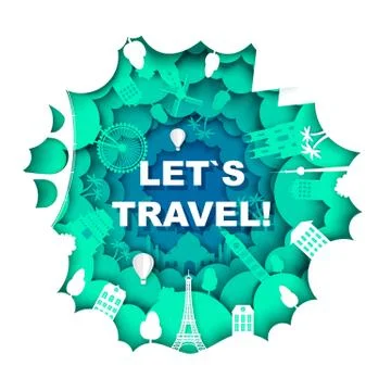 Lets travel poster template, vector illustration in paper art style Stock Illustration
