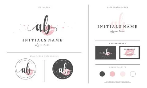 Letter AB A B Initial handwriting logo template with lipstick kiss or makeup Stock Illustration