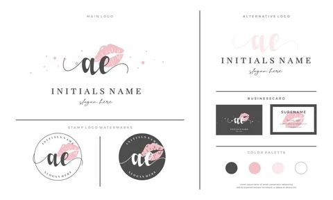 Letter AE A E Initial handwriting logo template with lipstick kiss or makeup Stock Illustration