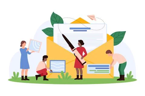 Letter and digital message, SMS and email writing by tiny people holding pen and Illustrazione stock