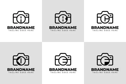 Letter A B C D E F Camera Modern Logo Set, symbolizing photography, product.. Stock Illustration