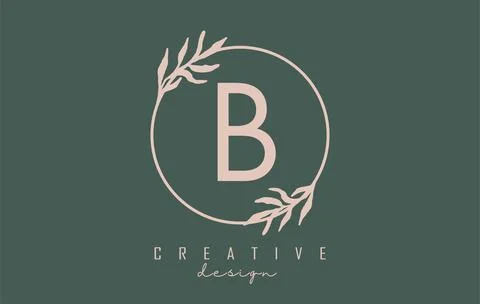 Letter B Logo with circle frame and pastel leaves design. Rounded vector illu Stock Illustration