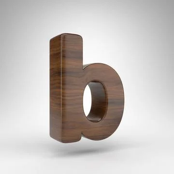 Letter B lowercase on white background. Dark oak 3D letter with brown wood Ilustração Stock