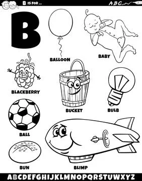 Letter B set with cartoon objects and characters coloring page Stock Illustration