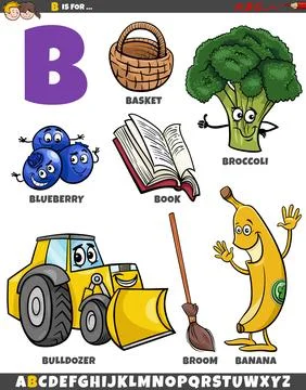Letter B set with cartoon objects and characters Stock Illustration