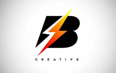Letter B Thunderbolt Logo Concept with Black Letter and Orange Yellow Thunder Stock Illustration