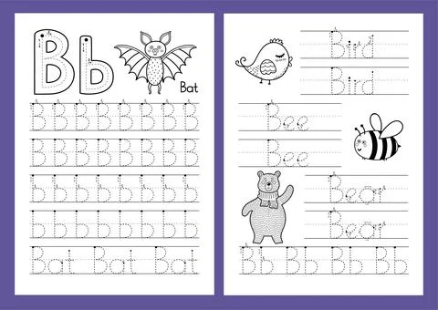 Letter B. Tracing practice worksheet set. Learning alphabet activity page 库存插图
