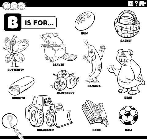 Letter b words educational set coloring book page Illustrazione stock