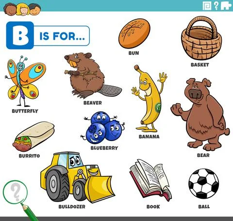 Letter b words educational set with cartoon characters Stock Illustration