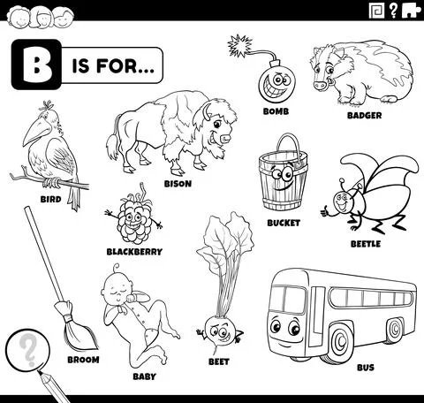 Letter b words educational set coloring book page Illustrazione stock