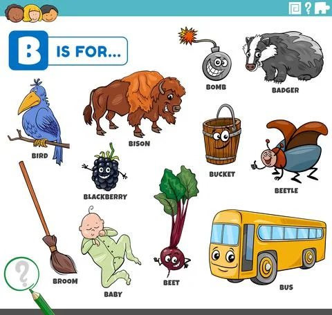 Letter b words educational set with cartoon characters Illustrazione stock