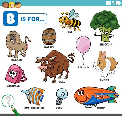 Letter b words educational set with cartoon characters Illustrazione stock