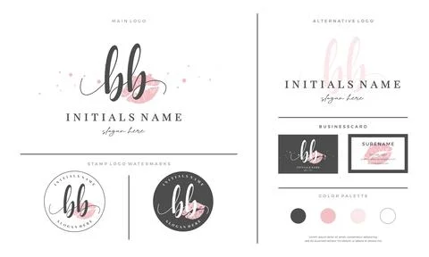 Letter BB B Initial handwriting logo template with lipstick kiss or makeup Stock Illustration