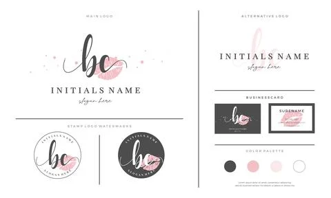 Letter BC B C Initial handwriting logo template with lipstick kiss or makeup Stock Illustration