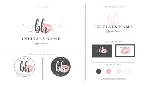 Letter BH B H Initial handwriting logo template with lipstick kiss or makeup Stock Illustration
