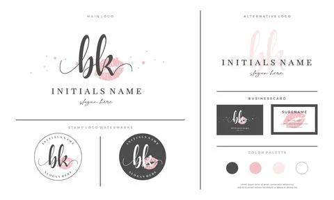Letter BK B K Initial handwriting logo template with lipstick kiss or makeup Stock Illustration
