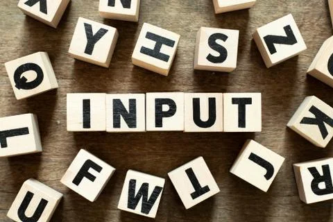 Letter block in word input with another block on wood background Foto stock