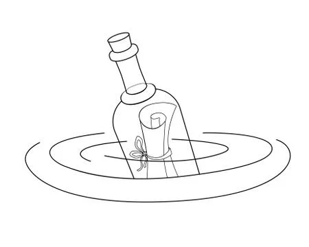 A letter in a bottle floating in water - vector linear picture for coloring. Stock-Illustration