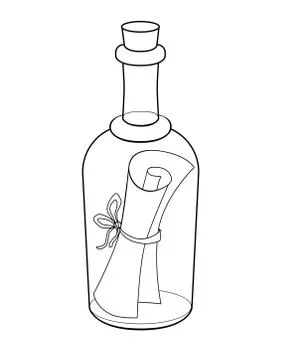 Letter in a bottle - vector linear picture for coloring. Bottle mail Illustrazione stock