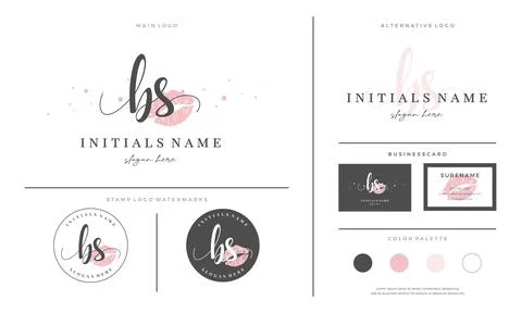 Letter BS B S Initial handwriting logo template with lipstick kiss or makeup Stock Illustration