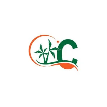 Letter C blends with coconut trees by the beach at night Illustrazione stock