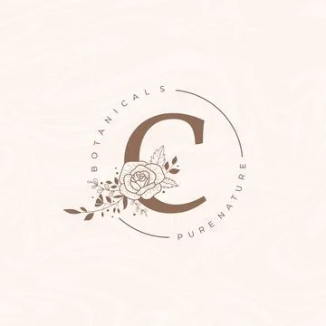 Letter C Botanical Flowers . Initial Wedding Monogram Font Logo. Circle Flora Stock Illustration