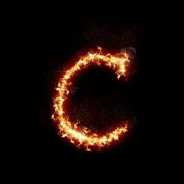 Letter C burning in fire, digital art isolated on black background, a letter Stock Illustration